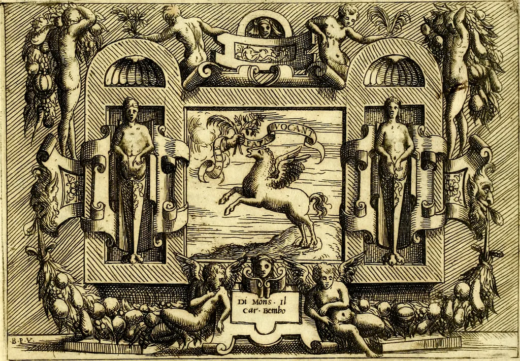 An illustration from Di Battista Pittoni pittore vicentino ano. M.D.LXVIII Impresse di diversi prencipi, dvchi, signori, e d'altri personaggi et hvomini letterati et illvstri. Con priuillegio di Venetia per anni XV. Con alcune stanze del Dolce che dichiarano i motti di esse imprese, 1562, leaf 48