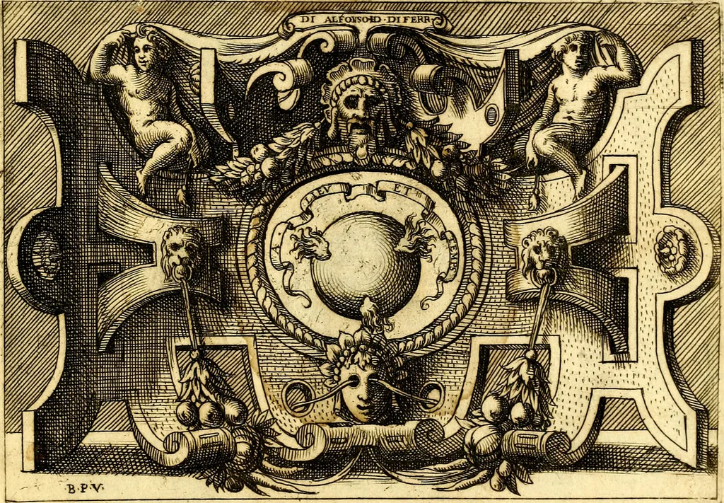 An illustration from Di Battista Pittoni pittore vicentino ano. M.D.LXVIII Impresse di diversi prencipi, dvchi, signori, e d'altri personaggi et hvomini letterati et illvstri. Con priuillegio di Venetia per anni XV. Con alcune stanze del Dolce che dichiarano i motti di esse imprese, 1562, leaf 52