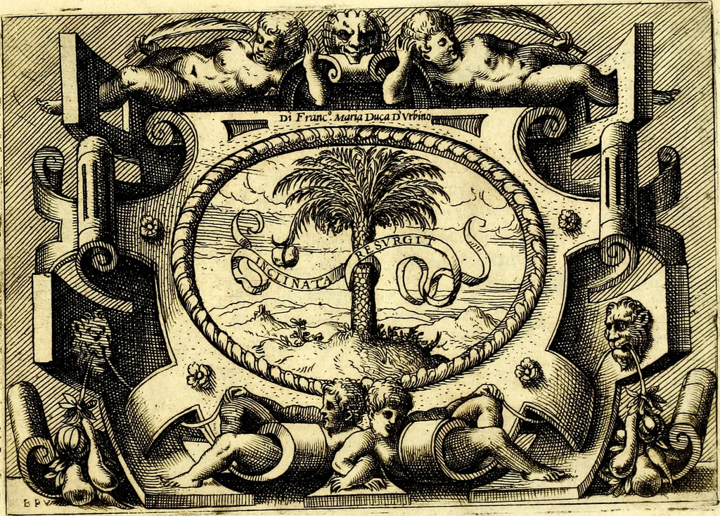 An illustration from Di Battista Pittoni pittore vicentino ano. M.D.LXVIII Impresse di diversi prencipi, dvchi, signori, e d'altri personaggi et hvomini letterati et illvstri. Con priuillegio di Venetia per anni XV. Con alcune stanze del Dolce che dichiarano i motti di esse imprese, 1562, leaf 56