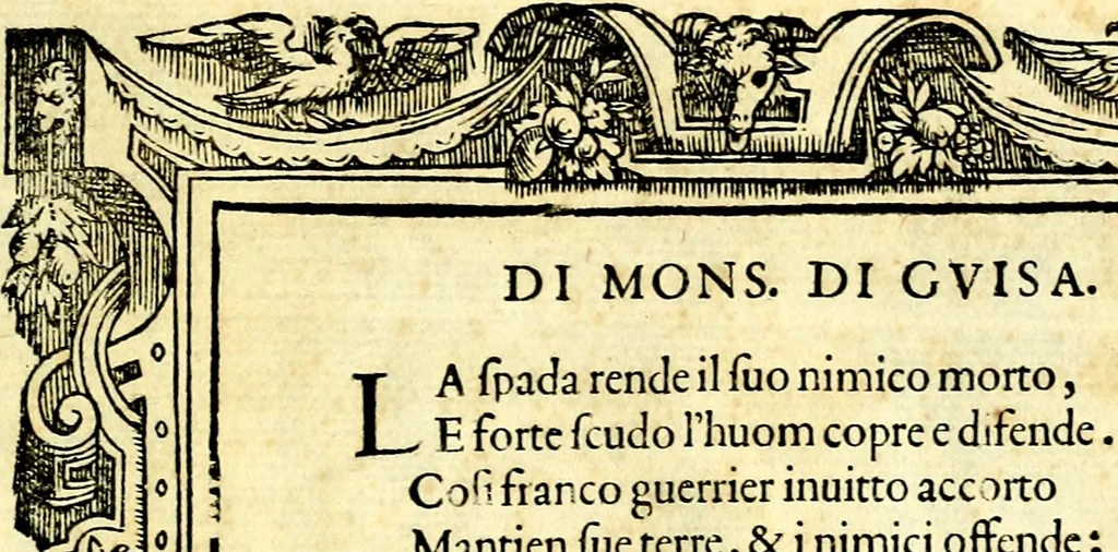 An illustration from Di Battista Pittoni pittore vicentino ano. M.D.LXVIII Impresse di diversi prencipi, dvchi, signori, e d'altri personaggi et hvomini letterati et illvstri. Con priuillegio di Venetia per anni XV. Con alcune stanze del Dolce che dichiarano i motti di esse imprese, 1562, leaf 58