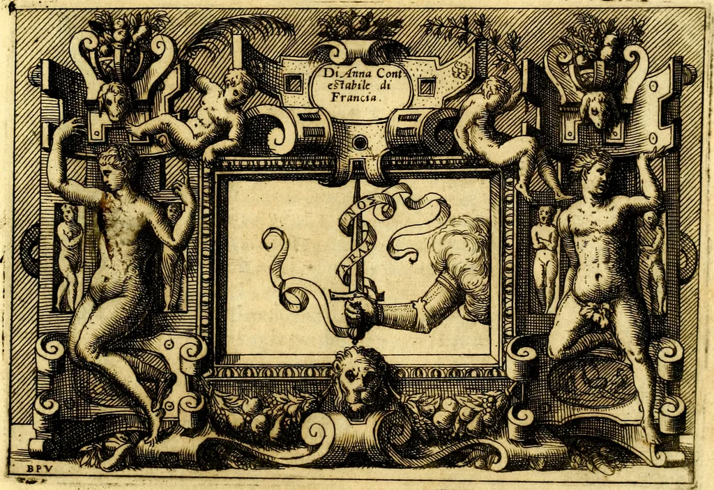 An illustration from Di Battista Pittoni pittore vicentino ano. M.D.LXVIII Impresse di diversi prencipi, dvchi, signori, e d'altri personaggi et hvomini letterati et illvstri. Con priuillegio di Venetia per anni XV. Con alcune stanze del Dolce che dichiarano i motti di esse imprese, 1562, leaf 64