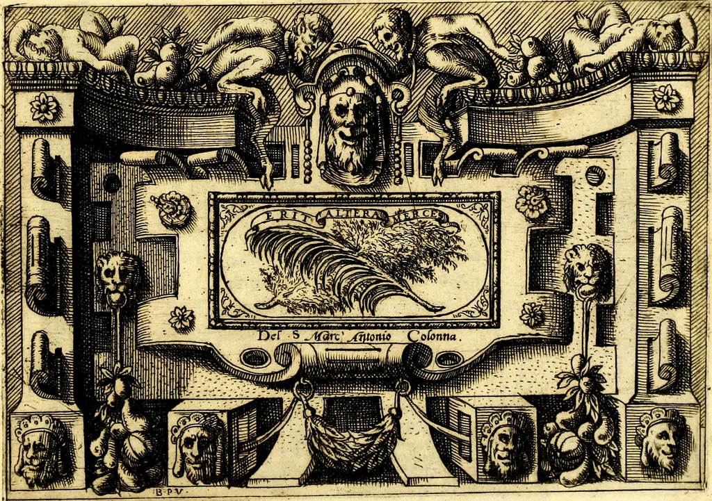 An illustration from Di Battista Pittoni pittore vicentino ano. M.D.LXVIII Impresse di diversi prencipi, dvchi, signori, e d'altri personaggi et hvomini letterati et illvstri. Con priuillegio di Venetia per anni XV. Con alcune stanze del Dolce che dichiarano i motti di esse imprese, 1562, leaf 76