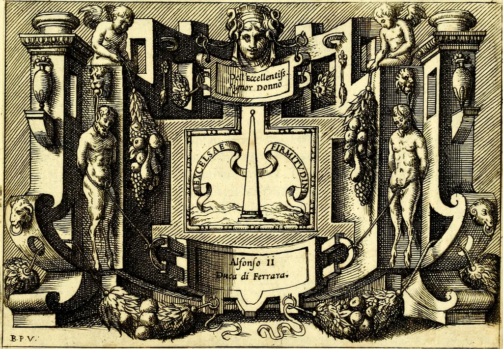 An illustration from Di Battista Pittoni pittore vicentino ano. M.D.LXVIII Impresse di diversi prencipi, dvchi, signori, e d'altri personaggi et hvomini letterati et illvstri. Con priuillegio di Venetia per anni XV. Con alcune stanze del Dolce che dichiarano i motti di esse imprese, 1562, leaf 8