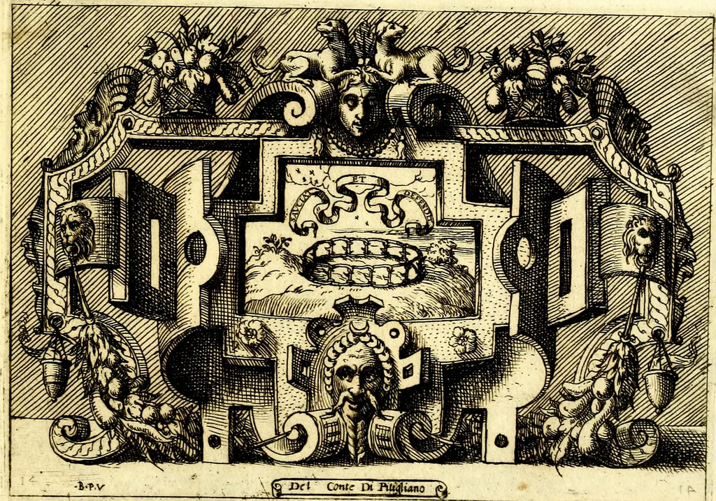 An illustration from Di Battista Pittoni pittore vicentino ano. M.D.LXVIII Impresse di diversi prencipi, dvchi, signori, e d'altri personaggi et hvomini letterati et illvstri. Con priuillegio di Venetia per anni XV. Con alcune stanze del Dolce che dichiarano i motti di esse imprese, 1562, leaf 80