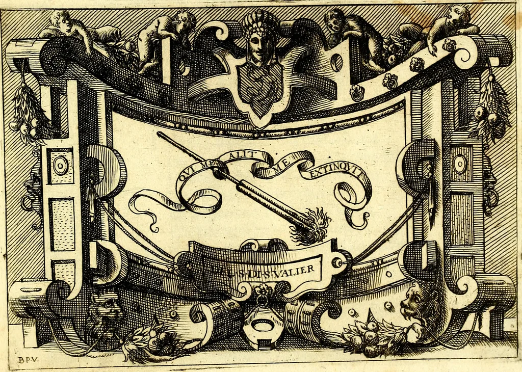 An illustration from Di Battista Pittoni pittore vicentino ano. M.D.LXVIII Impresse di diversi prencipi, dvchi, signori, e d'altri personaggi et hvomini letterati et illvstri. Con priuillegio di Venetia per anni XV. Con alcune stanze del Dolce che dichiarano i motti di esse imprese, 1562, leaf 84
