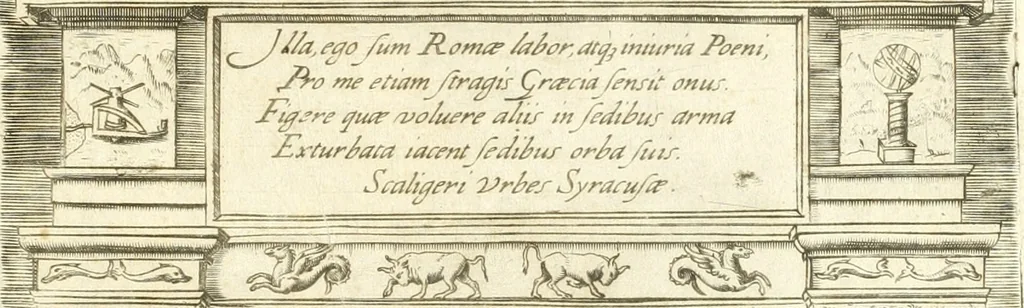 An illustration from Dichiarazioni della pianta dell'antiche Siracuse, e d'alcune scelte medaglie d'esse, e de' principi che quelle possedettero, 1613, leaf 4