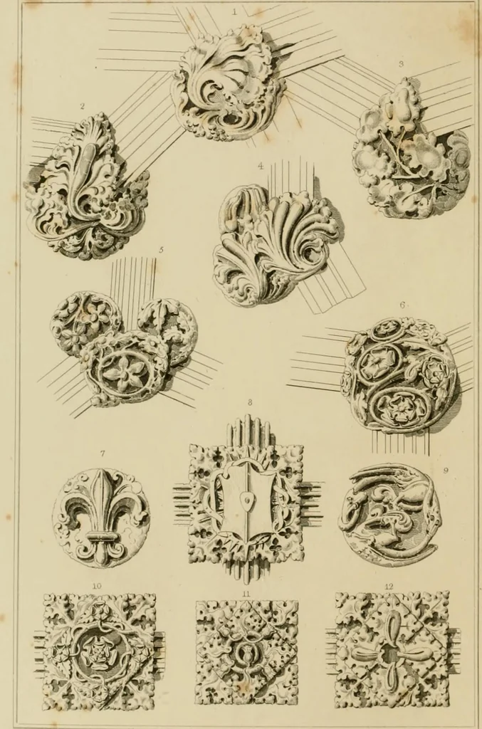 An illustration from A dictionary of the architecture and archaeology of the middle ages : including words used by ancient and modern authors in treating of architectural and other antiquities, also, biographical notices of ancient architects, 1883, leaf 104