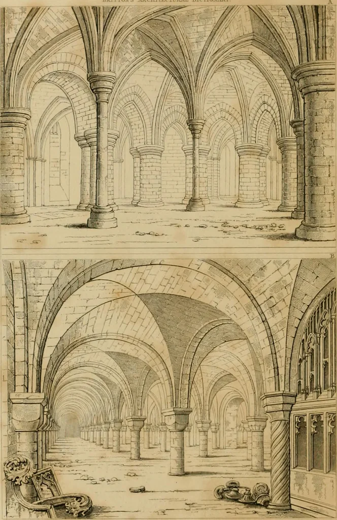 An illustration from A dictionary of the architecture and archaeology of the middle ages : including words used by ancient and modern authors in treating of architectural and other antiquities, also, biographical notices of ancient architects, 1883, leaf 202