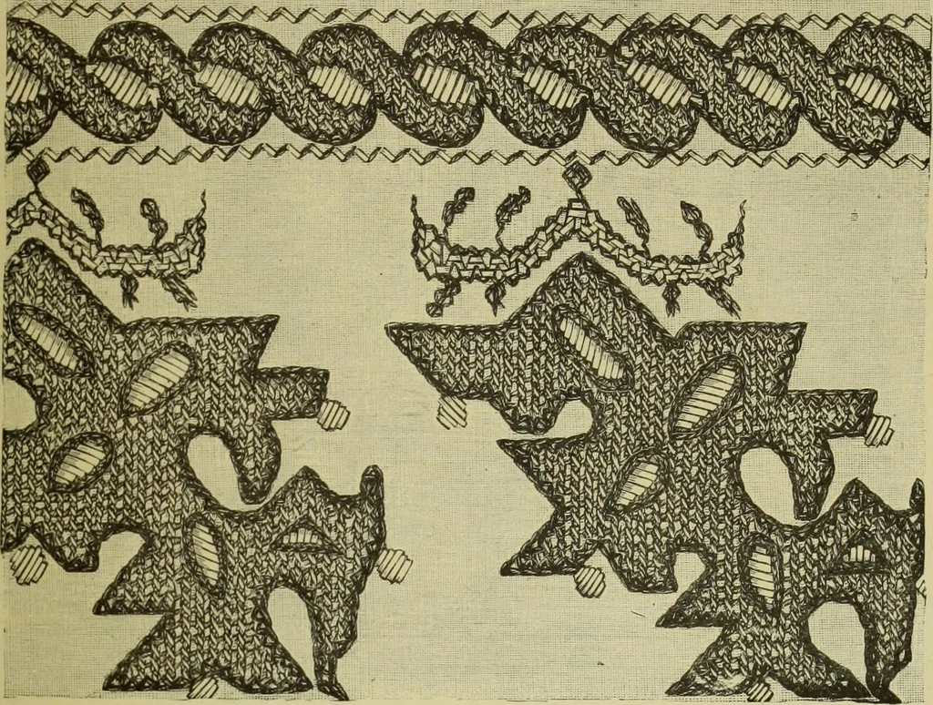 An illustration from The dictionary of needlework : an encyclopaedia of artistic, plain, and fancy needlework dealing fully with the details of all the stitches employed, the method of working, the materials used, the meaning of technical terms, and, where necessary, tracing the origin and history of the various works described, 1882, leaf 135