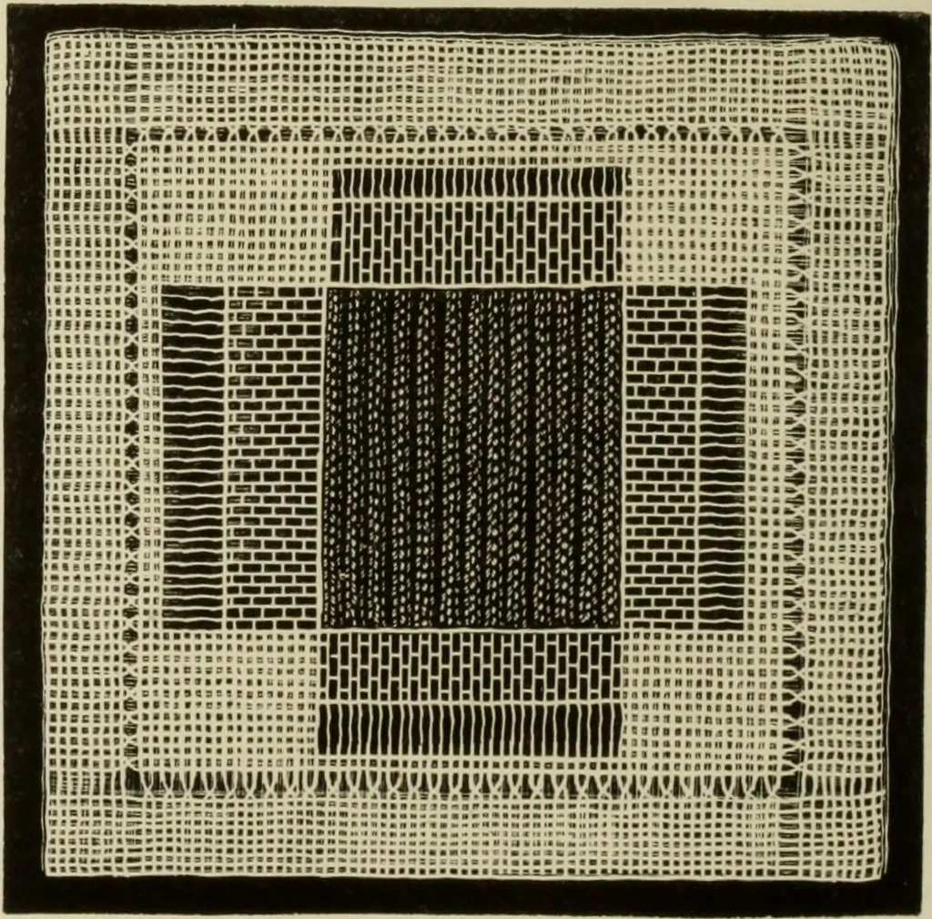 An illustration from The dictionary of needlework : an encyclopaedia of artistic, plain, and fancy needlework dealing fully with the details of all the stitches employed, the method of working, the materials used, the meaning of technical terms, and, where necessary, tracing the origin and history of the various works described, 1882, leaf 62