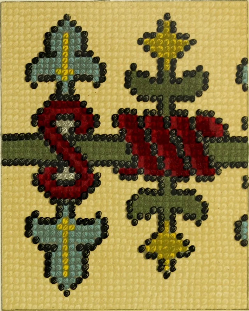 An illustration from The dictionary of needlework : an encyclopaedia of artistic, plain, and fancy needlework dealing fully with the details of all the stitches employed, the method of working, the materials used, the meaning of technical terms, and, where necessary, tracing the origin and history of the various works described, 1882, leaf 62