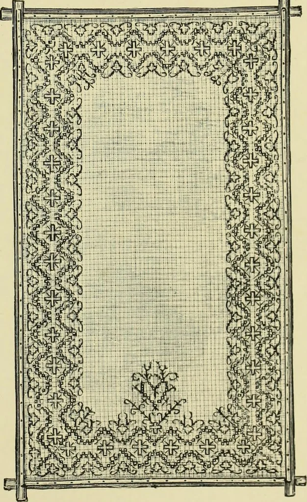 An illustration from The dictionary of needlework : an encyclopaedia of artistic, plain, and fancy needlework dealing fully with the details of all the stitches employed, the method of working, the materials used, the meaning of technical terms, and, where necessary, tracing the origin and history of the various works described, 1882, leaf 118
