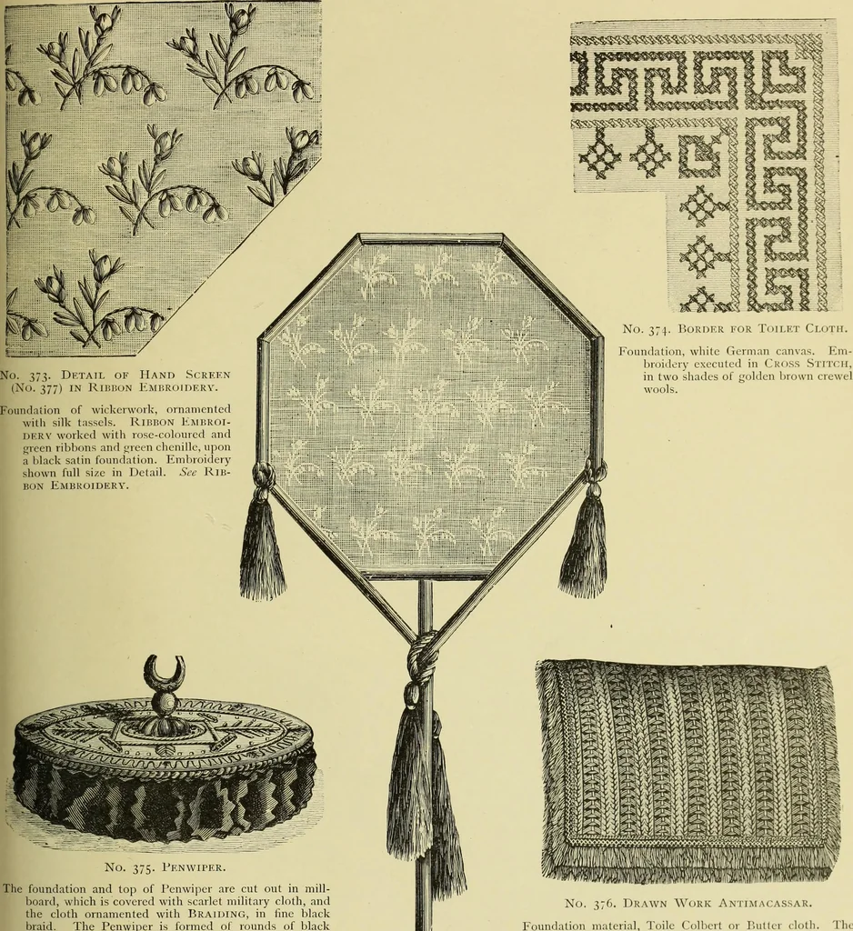 An illustration from The dictionary of needlework : an encyclopaedia of artistic, plain, and fancy needlework dealing fully with the details of all the stitches employed, the method of working, the materials used, the meaning of technical terms, and, where necessary, tracing the origin and history of the various works described, 1882, leaf 134