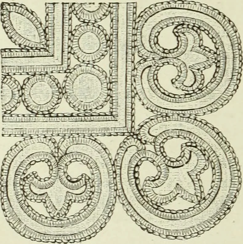 An illustration from The dictionary of needlework : an encyclopaedia of artistic, plain, and fancy needlework dealing fully with the details of all the stitches employed, the method of working, the materials used, the meaning of technical terms, and, where necessary, tracing the origin and history of the various works described, 1882, leaf 55
