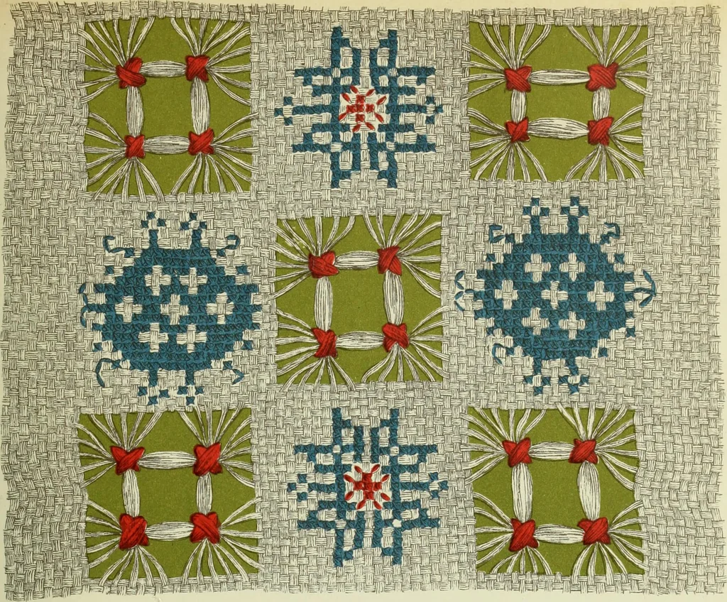 An illustration from The dictionary of needlework : an encyclopaedia of artistic, plain, and fancy needlework dealing fully with the details of all the stitches employed, the method of working, the materials used, the meaning of technical terms, and, where necessary, tracing the origin and history of the various works described, 1882, leaf 94