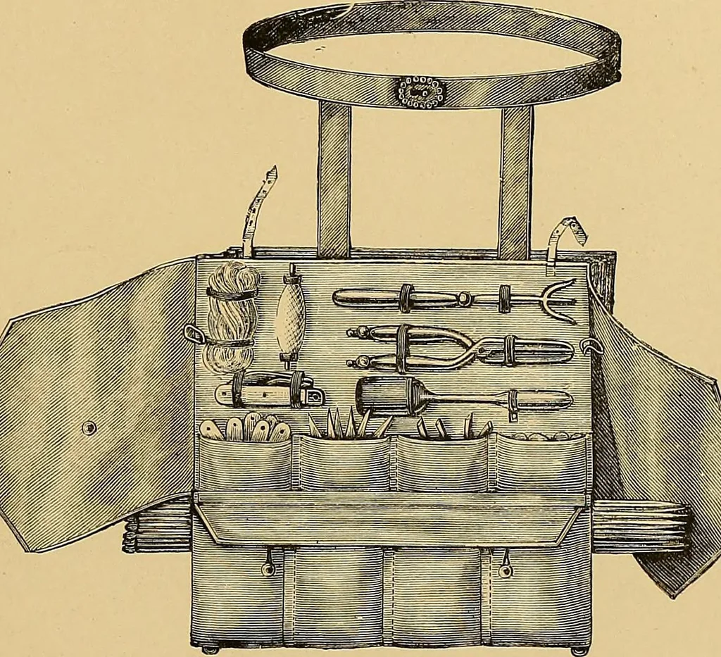 An illustration from The dictionary of needlework : an encyclopaedia of artistic, plain, and fancy needlework. Dealing fully with the details of all the stitches employed, the method of working, the materials used, the meaning of technical terms, and, where necessary, tracing the origin and history of the various works described. Illustrated with upwards of 800 wood engravings, and coloured plates. Plain sewing, textiles, dressmaking, appliances, and terms, 1885, leaf 126