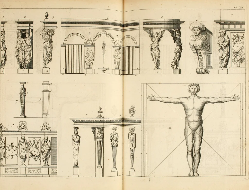 An illustration from Dictionnaire d'architecture, civile, militaire et navale, antique, ancienne et moderne : et de tous les arts et métiers qui en dépendent; Dont tous les Termes sont exprimés, en François, Latin, Italien, Espagnol, Anglois et Allemand. Enrichi de cent une Planches de Figures en Taille-douce, ... auquel on a joint Une Notice des Architectes, Ingénieurs, Peintres, Sculpteurs, Graveurs, & autres Artistes les plus celebres, dont on rapporte les principaux Ouvrages., 1770, leaf 274