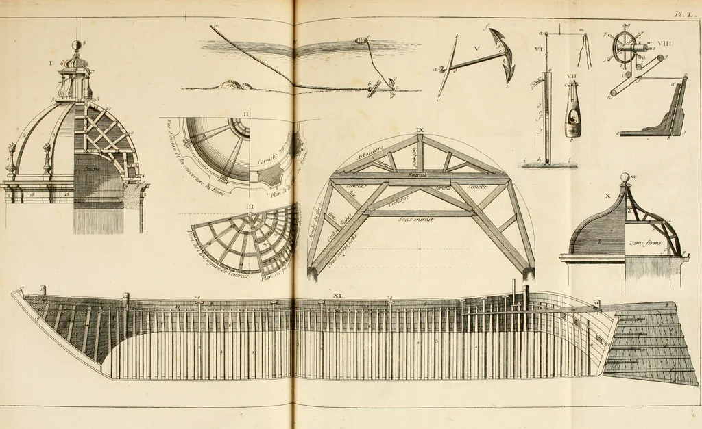 An illustration from Dictionnaire d'architecture, civile, militaire et navale, antique, ancienne et moderne : et de tous les arts et métiers qui en dépendent; Dont tous les Termes sont exprimés, en François, Latin, Italien, Espagnol, Anglois et Allemand. Enrichi de cent une Planches de Figures en Taille-douce, ... auquel on a joint Une Notice des Architectes, Ingénieurs, Peintres, Sculpteurs, Graveurs, & autres Artistes les plus celebres, dont on rapporte les principaux Ouvrages., 1770, leaf 344