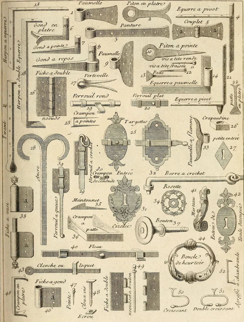 An illustration from Dictionnaire d'architecture, civile, militaire et navale, antique, ancienne et moderne : et de tous les arts et métiers qui en dépendent; Dont tous les Termes sont exprimés, en François, Latin, Italien, Espagnol, Anglois et Allemand. Enrichi de cent une Planches de Figures en Taille-douce, ... auquel on a joint Une Notice des Architectes, Ingénieurs, Peintres, Sculpteurs, Graveurs, & autres Artistes les plus celebres, dont on rapporte les principaux Ouvrages., 1770, leaf 374