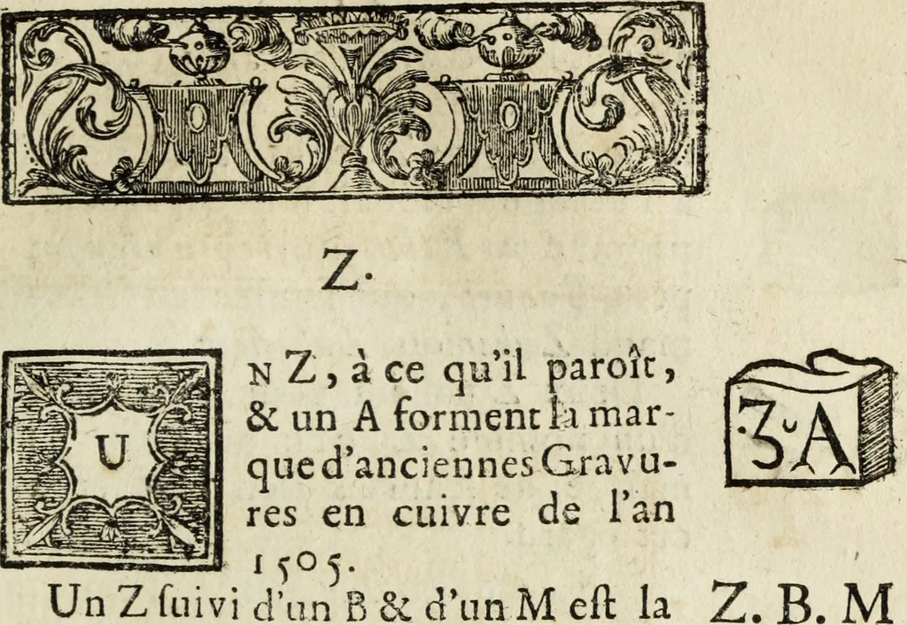 An illustration from Dictionnaire des monogrammes, chiffres, lettres initiales, logogryphes, rébus, &c. sous lesquels les plus célébres peintres, graveurs & dessinateurs ont dessiné leurs noms, 1750, leaf 380