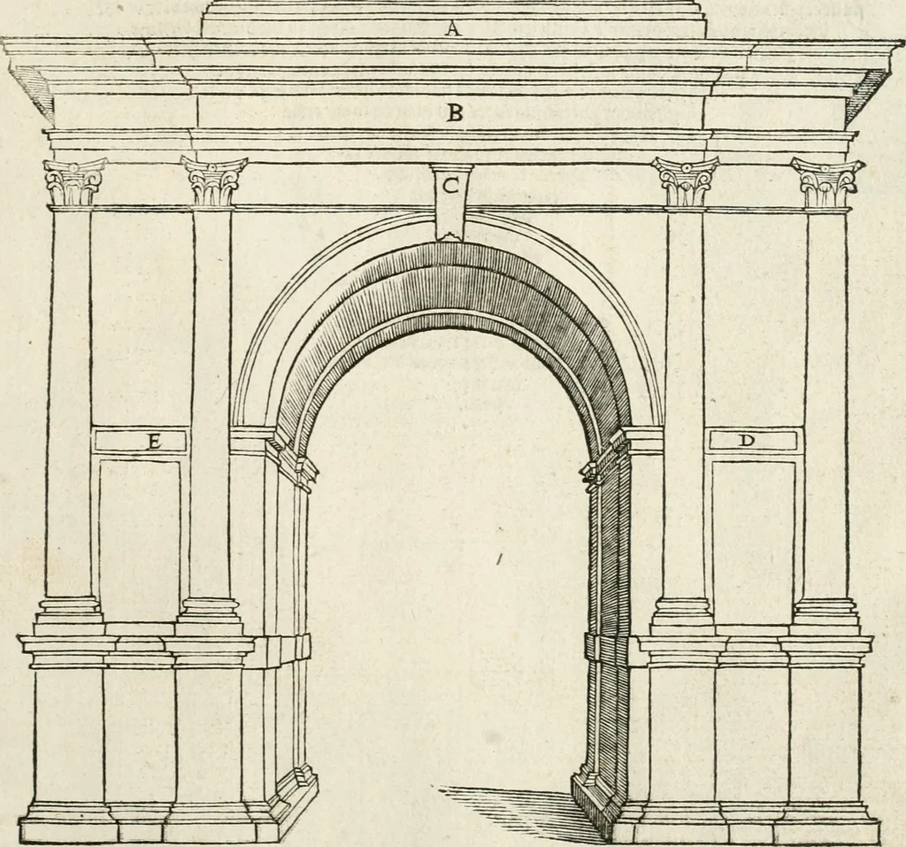 An illustration from Die alder vermaertste antique edificien : vã temple, theatre, amphitheatre, paleisen, therme, obeliske, brugge, archetriuphal, etc. vescreueeñ gefigureert met haren grondede eñ mate oock de plaetsen daerse staen, eñ wiese dede make, 1546, leaf 102
