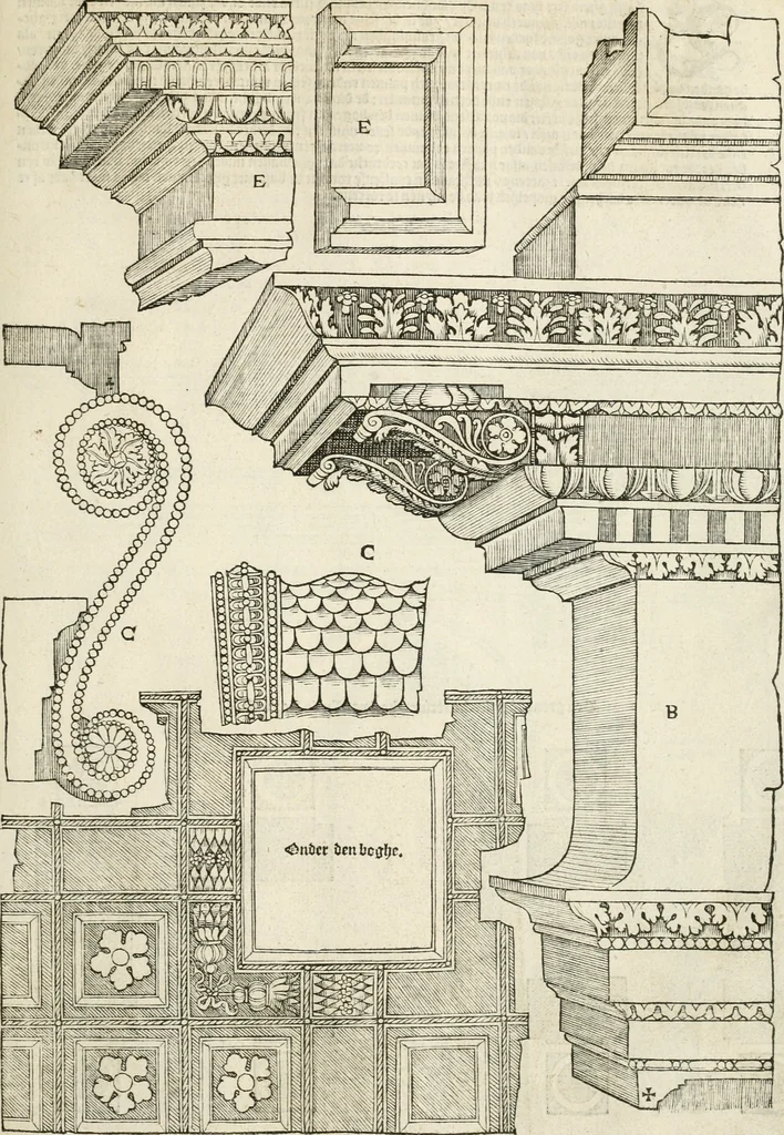 An illustration from Die alder vermaertste antique edificien : vã temple, theatre, amphitheatre, paleisen, therme, obeliske, brugge, archetriuphal, etc. vescreueeñ gefigureert met haren grondede eñ mate oock de plaetsen daerse staen, eñ wiese dede make, 1546, leaf 104