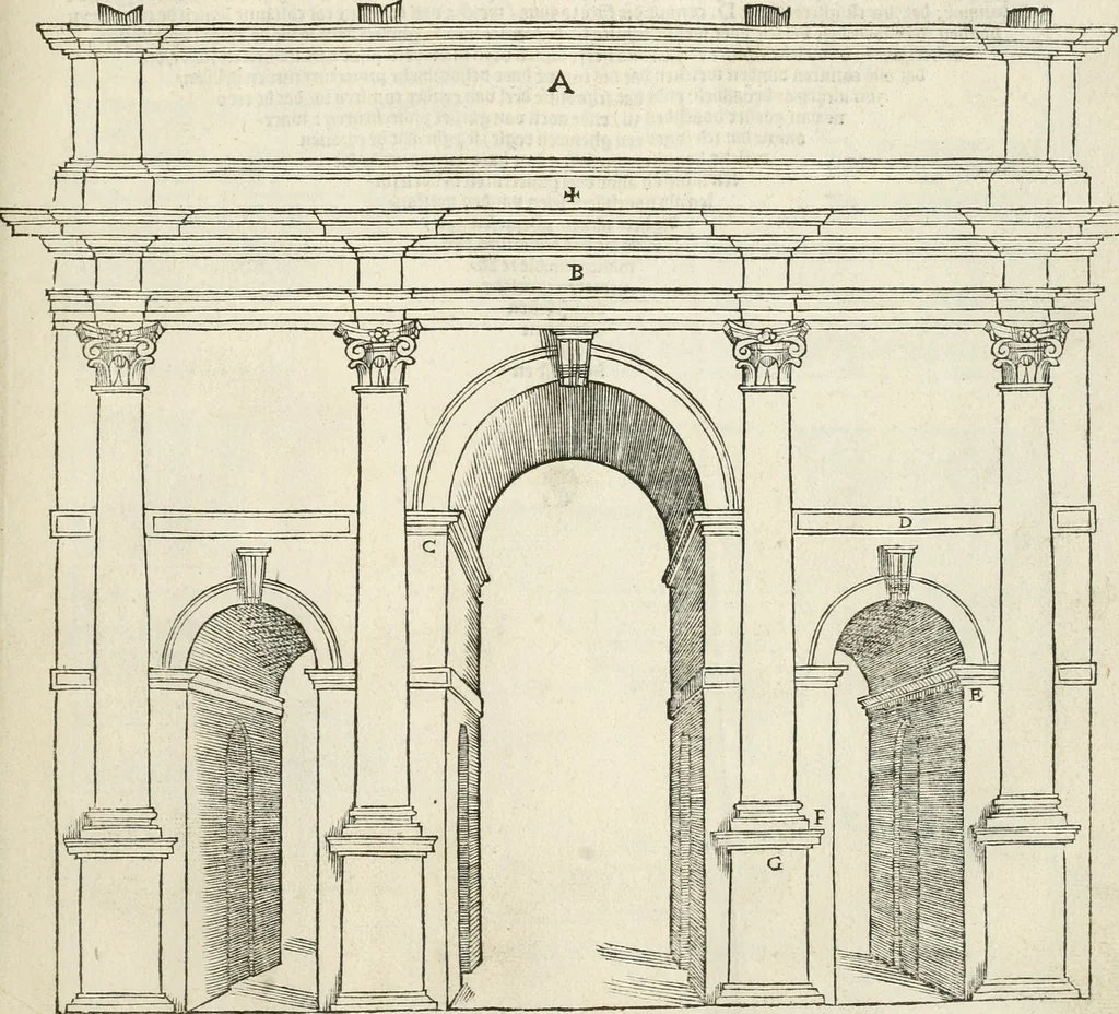 An illustration from Die alder vermaertste antique edificien : vã temple, theatre, amphitheatre, paleisen, therme, obeliske, brugge, archetriuphal, etc. vescreueeñ gefigureert met haren grondede eñ mate oock de plaetsen daerse staen, eñ wiese dede make, 1546, leaf 106
