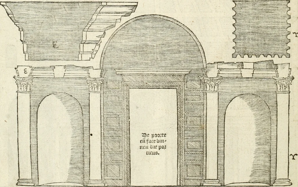 An illustration from Die alder vermaertste antique edificien : vã temple, theatre, amphitheatre, paleisen, therme, obeliske, brugge, archetriuphal, etc. vescreueeñ gefigureert met haren grondede eñ mate oock de plaetsen daerse staen, eñ wiese dede make, 1546, leaf 11