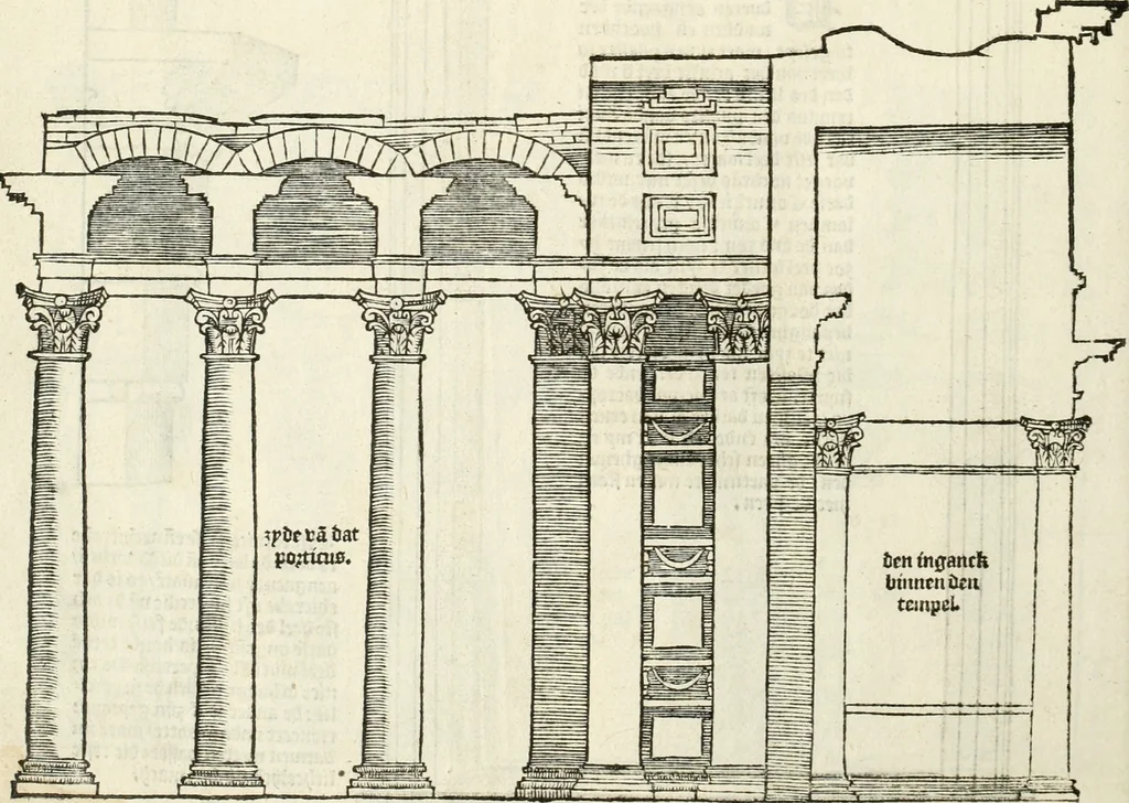 An illustration from Die alder vermaertste antique edificien : vã temple, theatre, amphitheatre, paleisen, therme, obeliske, brugge, archetriuphal, etc. vescreueeñ gefigureert met haren grondede eñ mate oock de plaetsen daerse staen, eñ wiese dede make, 1546, leaf 13