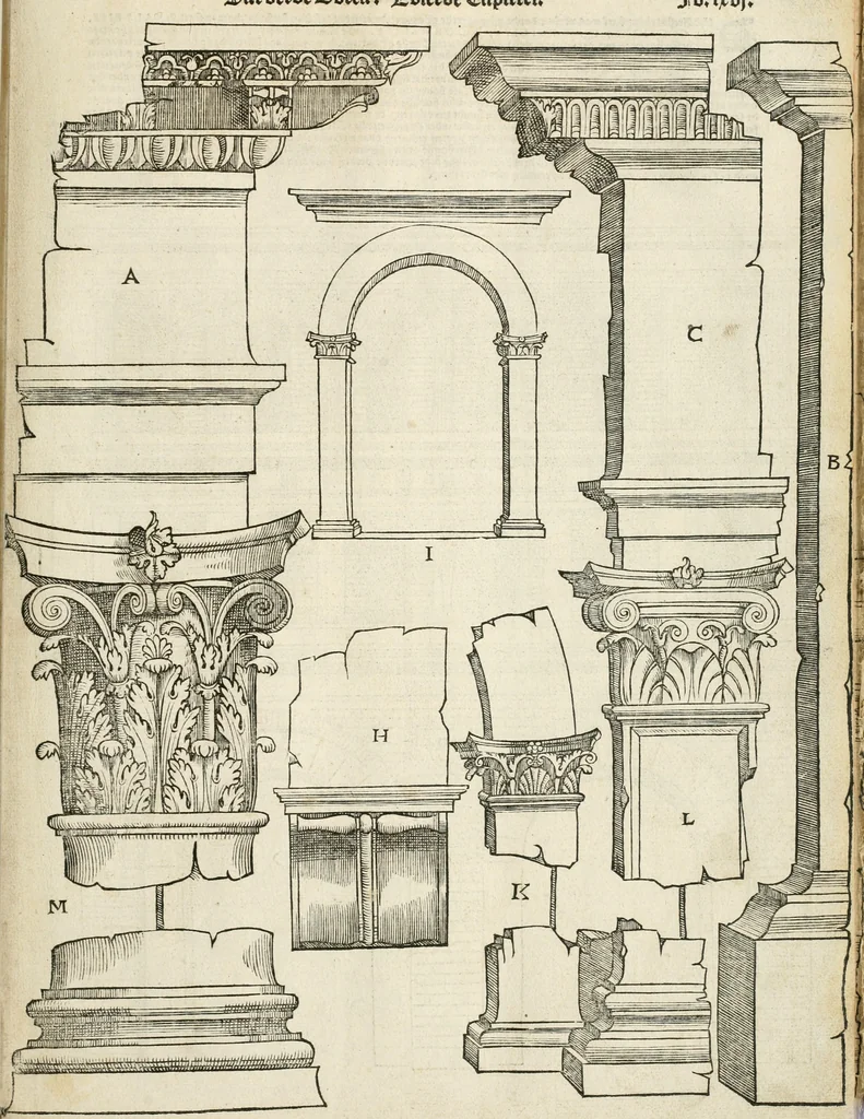 An illustration from Die alder vermaertste antique edificien : vã temple, theatre, amphitheatre, paleisen, therme, obeliske, brugge, archetriuphal, etc. vescreueeñ gefigureert met haren grondede eñ mate oock de plaetsen daerse staen, eñ wiese dede make, 1546, leaf 134