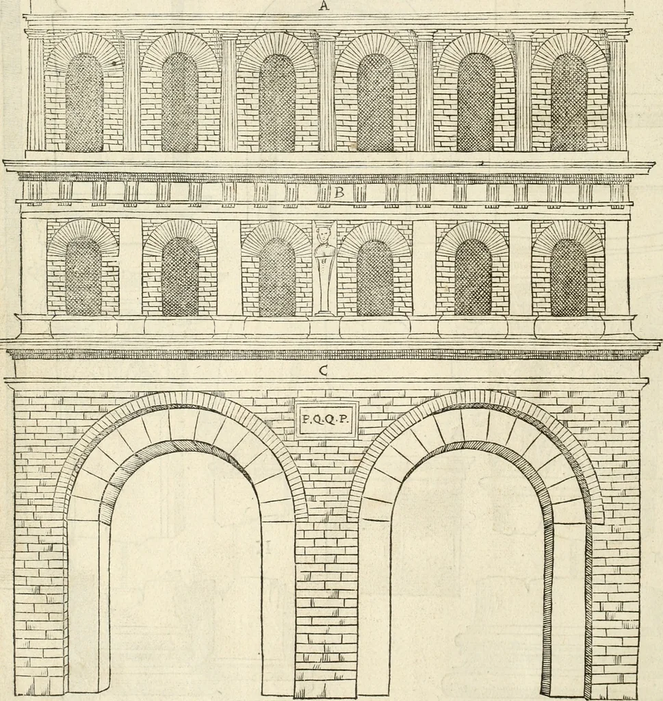 An illustration from Die alder vermaertste antique edificien : vã temple, theatre, amphitheatre, paleisen, therme, obeliske, brugge, archetriuphal, etc. vescreueeñ gefigureert met haren grondede eñ mate oock de plaetsen daerse staen, eñ wiese dede make, 1546, leaf 135