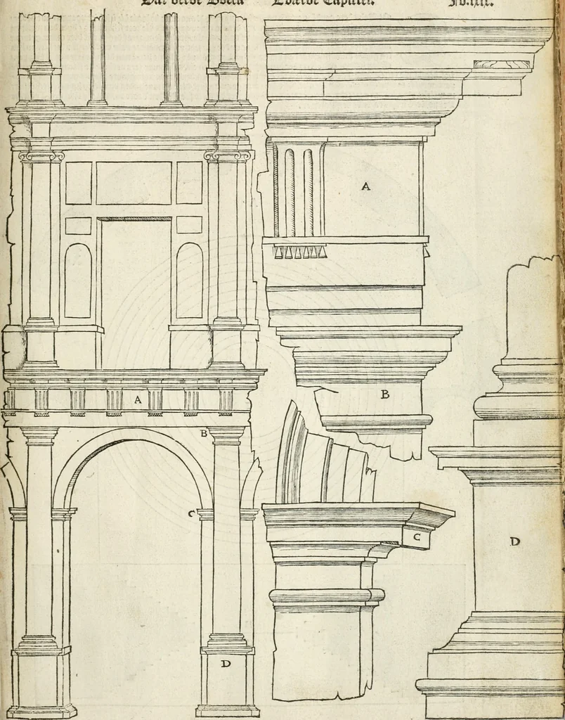 An illustration from Die alder vermaertste antique edificien : vã temple, theatre, amphitheatre, paleisen, therme, obeliske, brugge, archetriuphal, etc. vescreueeñ gefigureert met haren grondede eñ mate oock de plaetsen daerse staen, eñ wiese dede make, 1546, leaf 140