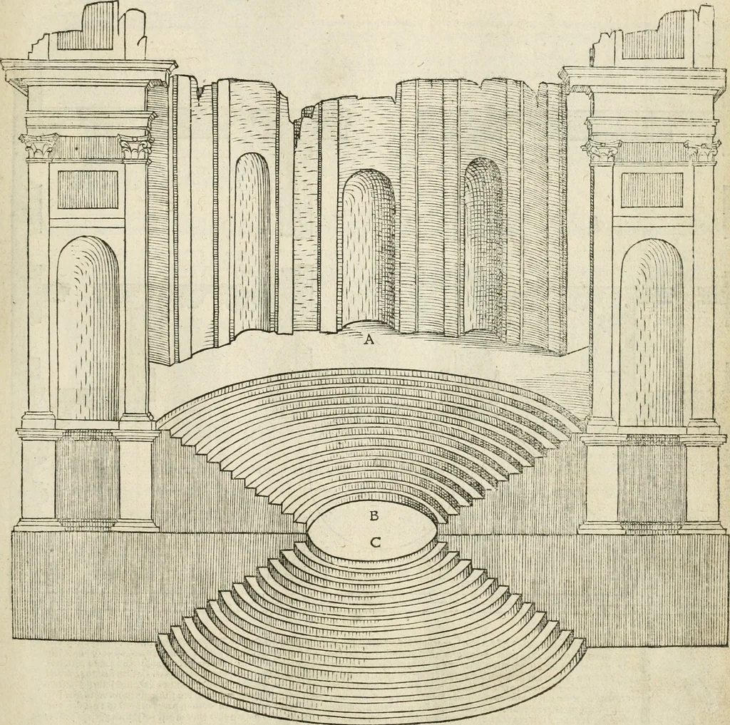 An illustration from Die alder vermaertste antique edificien : vã temple, theatre, amphitheatre, paleisen, therme, obeliske, brugge, archetriuphal, etc. vescreueeñ gefigureert met haren grondede eñ mate oock de plaetsen daerse staen, eñ wiese dede make, 1546, leaf 142