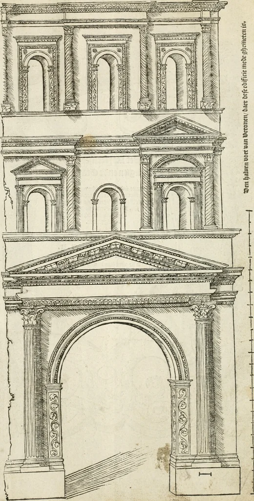 An illustration from Die alder vermaertste antique edificien : vã temple, theatre, amphitheatre, paleisen, therme, obeliske, brugge, archetriuphal, etc. vescreueeñ gefigureert met haren grondede eñ mate oock de plaetsen daerse staen, eñ wiese dede make, 1546, leaf 150