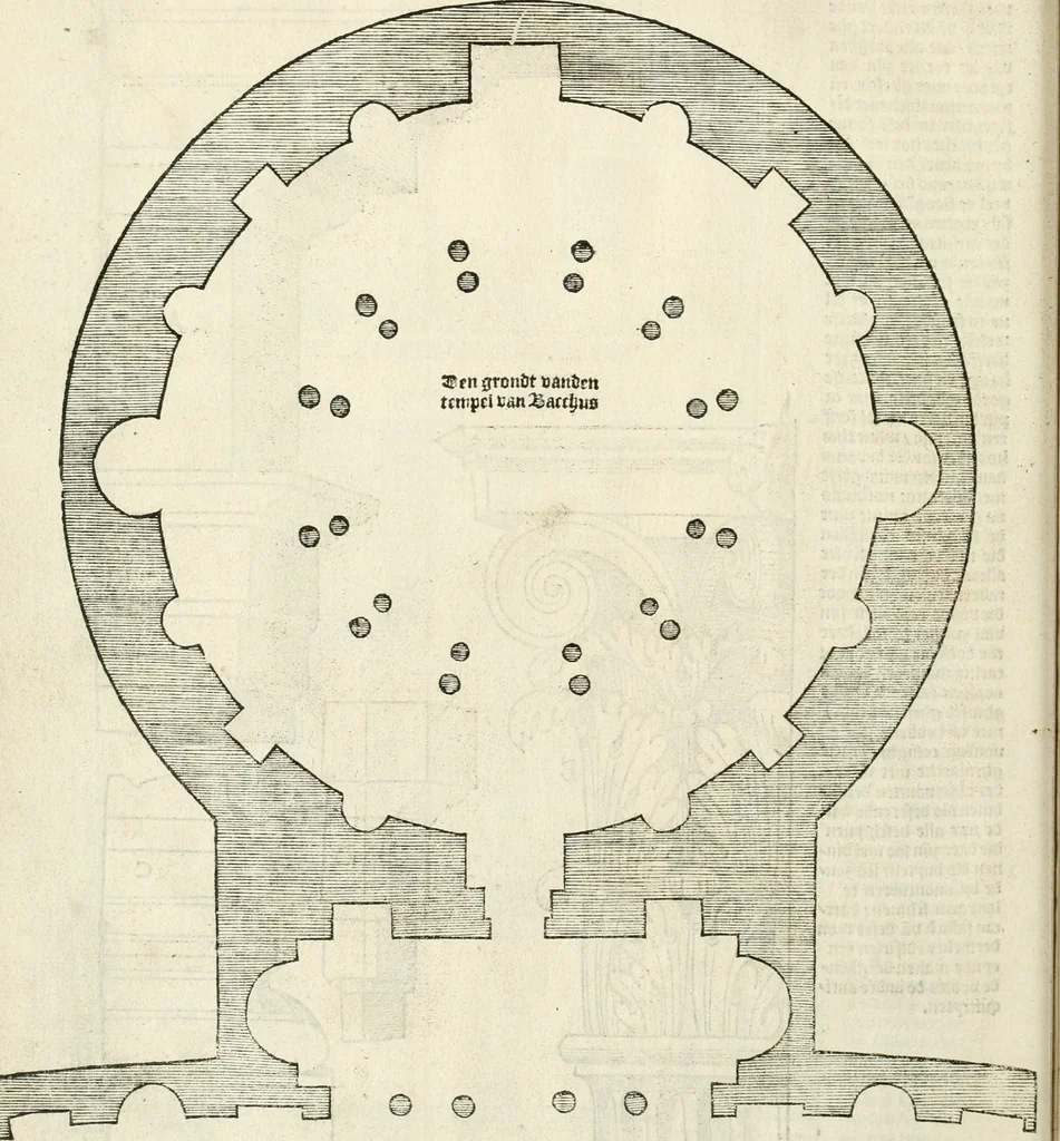 An illustration from Die alder vermaertste antique edificien : vã temple, theatre, amphitheatre, paleisen, therme, obeliske, brugge, archetriuphal, etc. vescreueeñ gefigureert met haren grondede eñ mate oock de plaetsen daerse staen, eñ wiese dede make, 1546, leaf 19