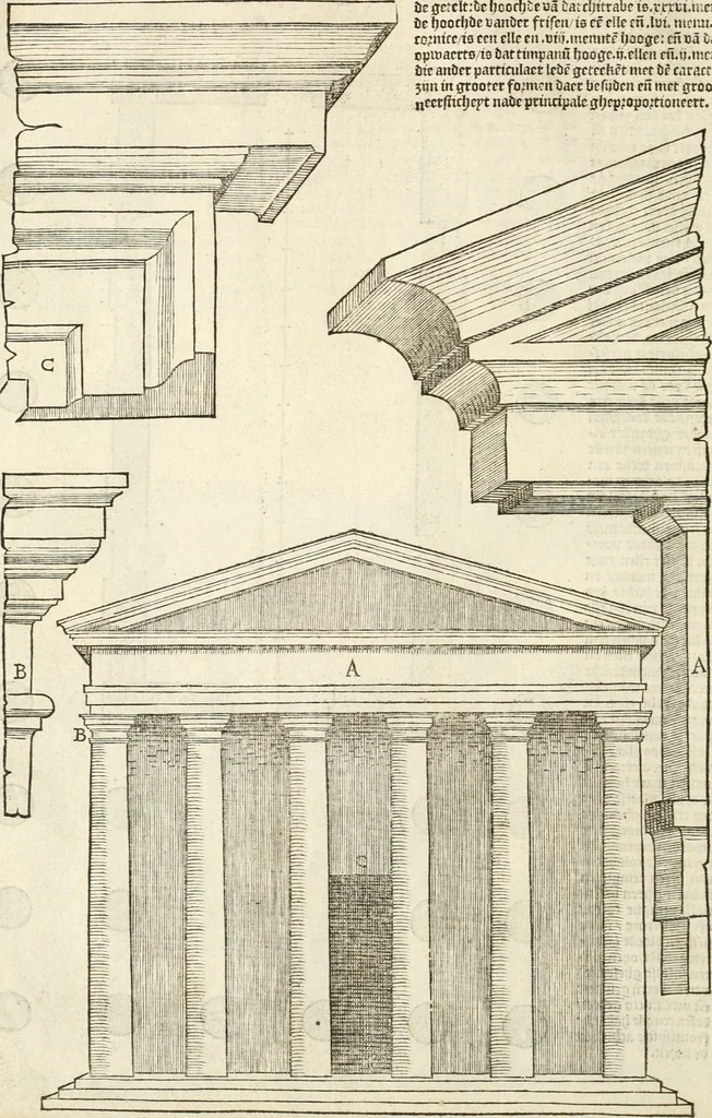 An illustration from Die alder vermaertste antique edificien : vã temple, theatre, amphitheatre, paleisen, therme, obeliske, brugge, archetriuphal, etc. vescreueeñ gefigureert met haren grondede eñ mate oock de plaetsen daerse staen, eñ wiese dede make, 1546, leaf 25