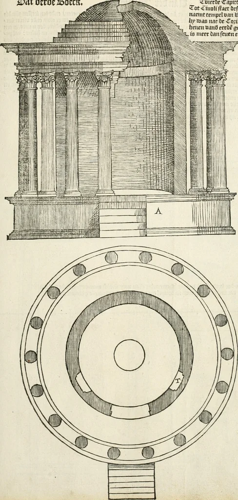An illustration from Die alder vermaertste antique edificien : vã temple, theatre, amphitheatre, paleisen, therme, obeliske, brugge, archetriuphal, etc. vescreueeñ gefigureert met haren grondede eñ mate oock de plaetsen daerse staen, eñ wiese dede make, 1546, leaf 26
