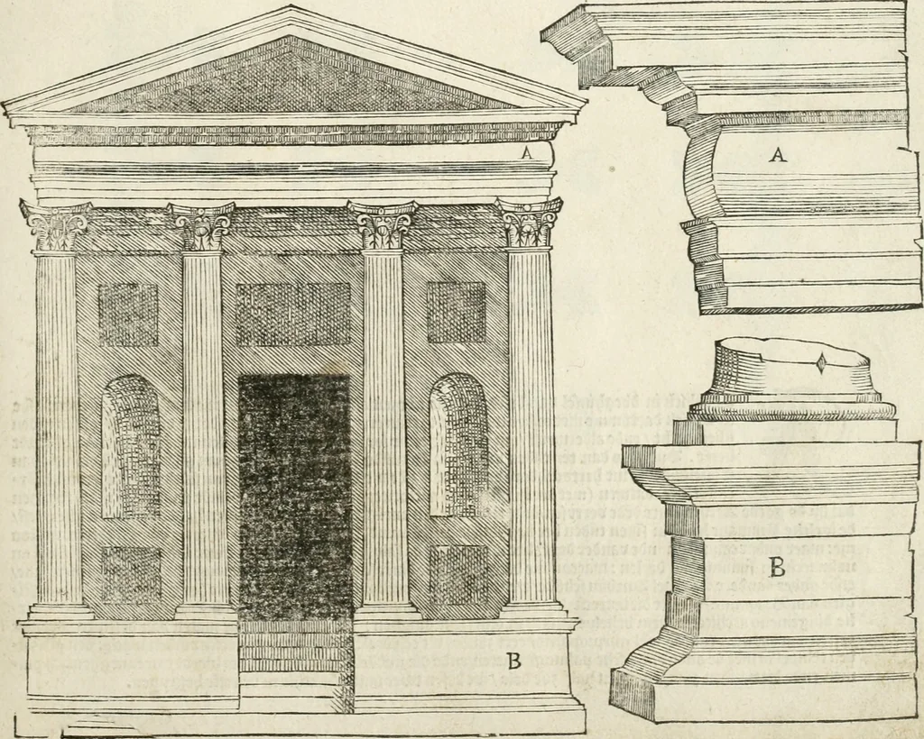 An illustration from Die alder vermaertste antique edificien : vã temple, theatre, amphitheatre, paleisen, therme, obeliske, brugge, archetriuphal, etc. vescreueeñ gefigureert met haren grondede eñ mate oock de plaetsen daerse staen, eñ wiese dede make, 1546, leaf 34