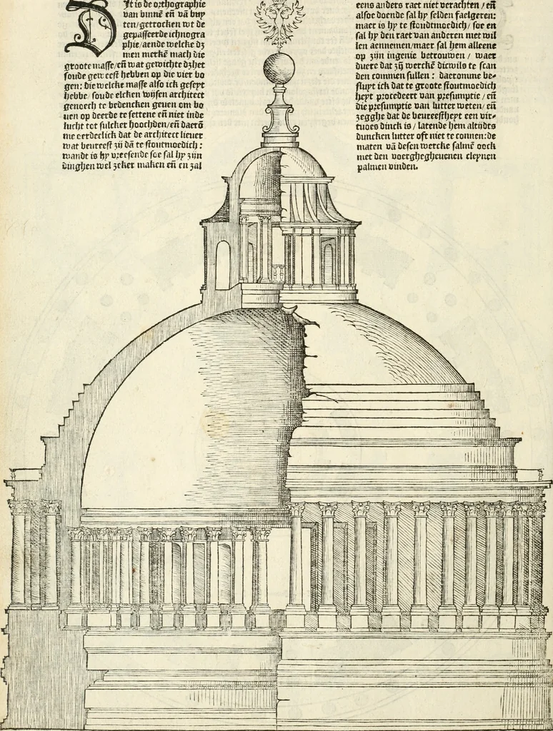 An illustration from Die alder vermaertste antique edificien : vã temple, theatre, amphitheatre, paleisen, therme, obeliske, brugge, archetriuphal, etc. vescreueeñ gefigureert met haren grondede eñ mate oock de plaetsen daerse staen, eñ wiese dede make, 1546, leaf 39