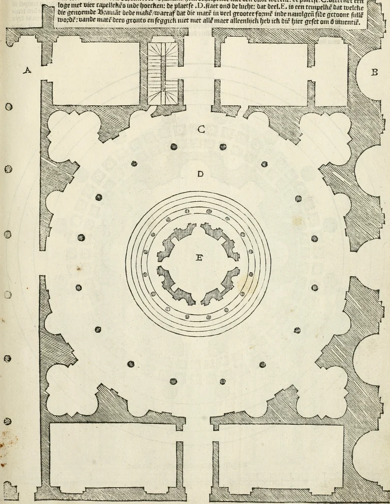 An illustration from Die alder vermaertste antique edificien : vã temple, theatre, amphitheatre, paleisen, therme, obeliske, brugge, archetriuphal, etc. vescreueeñ gefigureert met haren grondede eñ mate oock de plaetsen daerse staen, eñ wiese dede make, 1546, leaf 40