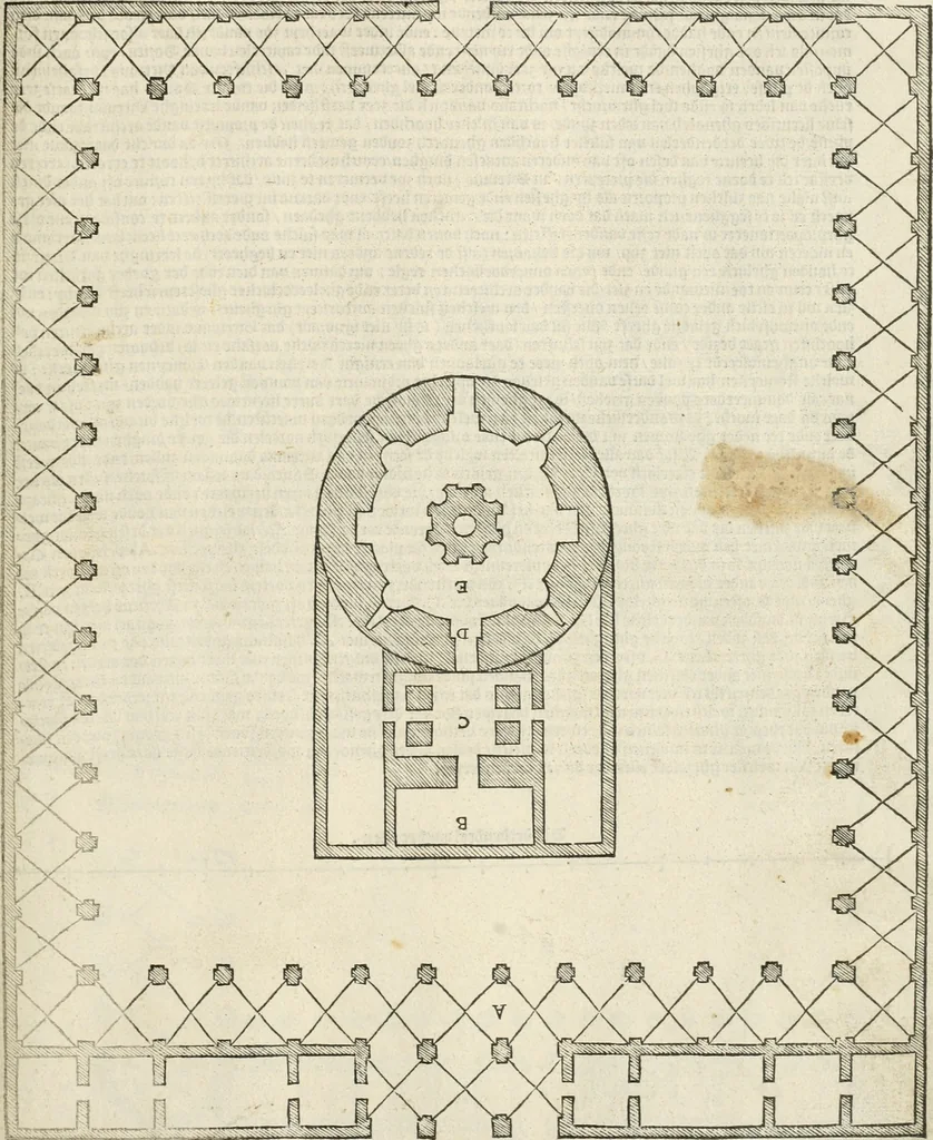 An illustration from Die alder vermaertste antique edificien : vã temple, theatre, amphitheatre, paleisen, therme, obeliske, brugge, archetriuphal, etc. vescreueeñ gefigureert met haren grondede eñ mate oock de plaetsen daerse staen, eñ wiese dede make, 1546, leaf 44