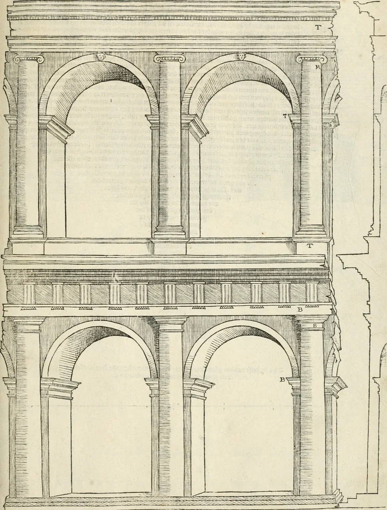 An illustration from Die alder vermaertste antique edificien : vã temple, theatre, amphitheatre, paleisen, therme, obeliske, brugge, archetriuphal, etc. vescreueeñ gefigureert met haren grondede eñ mate oock de plaetsen daerse staen, eñ wiese dede make, 1546, leaf 48