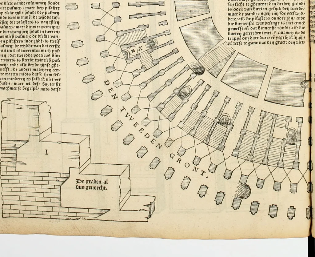 An illustration from Die alder vermaertste antique edificien : vã temple, theatre, amphitheatre, paleisen, therme, obeliske, brugge, archetriuphal, etc. vescreueeñ gefigureert met haren grondede eñ mate oock de plaetsen daerse staen, eñ wiese dede make, 1546, leaf 64