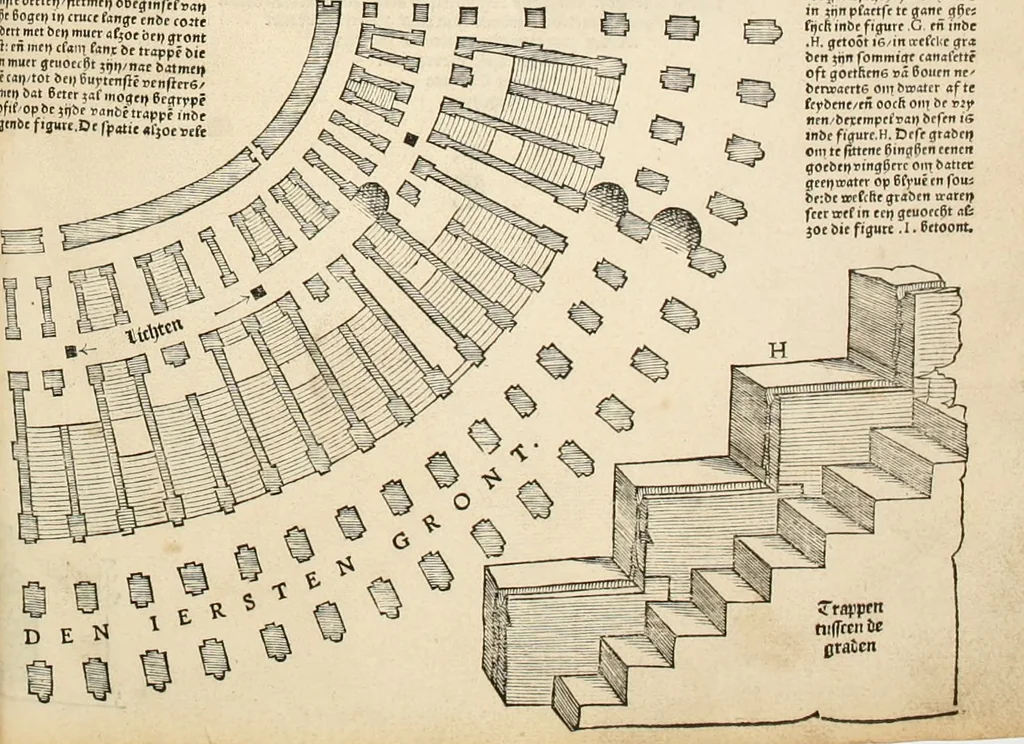 An illustration from Die alder vermaertste antique edificien : vã temple, theatre, amphitheatre, paleisen, therme, obeliske, brugge, archetriuphal, etc. vescreueeñ gefigureert met haren grondede eñ mate oock de plaetsen daerse staen, eñ wiese dede make, 1546, leaf 64