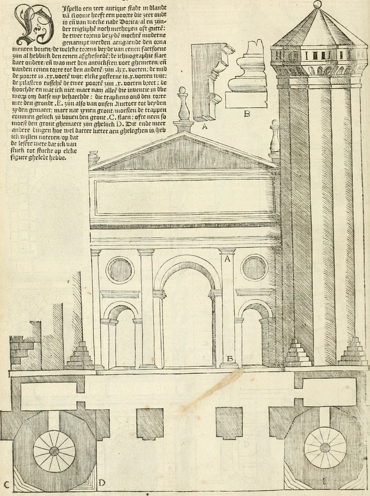 An illustration from Die alder vermaertste antique edificien : vã temple, theatre, amphitheatre, paleisen, therme, obeliske, brugge, archetriuphal, etc. vescreueeñ gefigureert met haren grondede eñ mate oock de plaetsen daerse staen, eñ wiese dede make, 1546, leaf 69