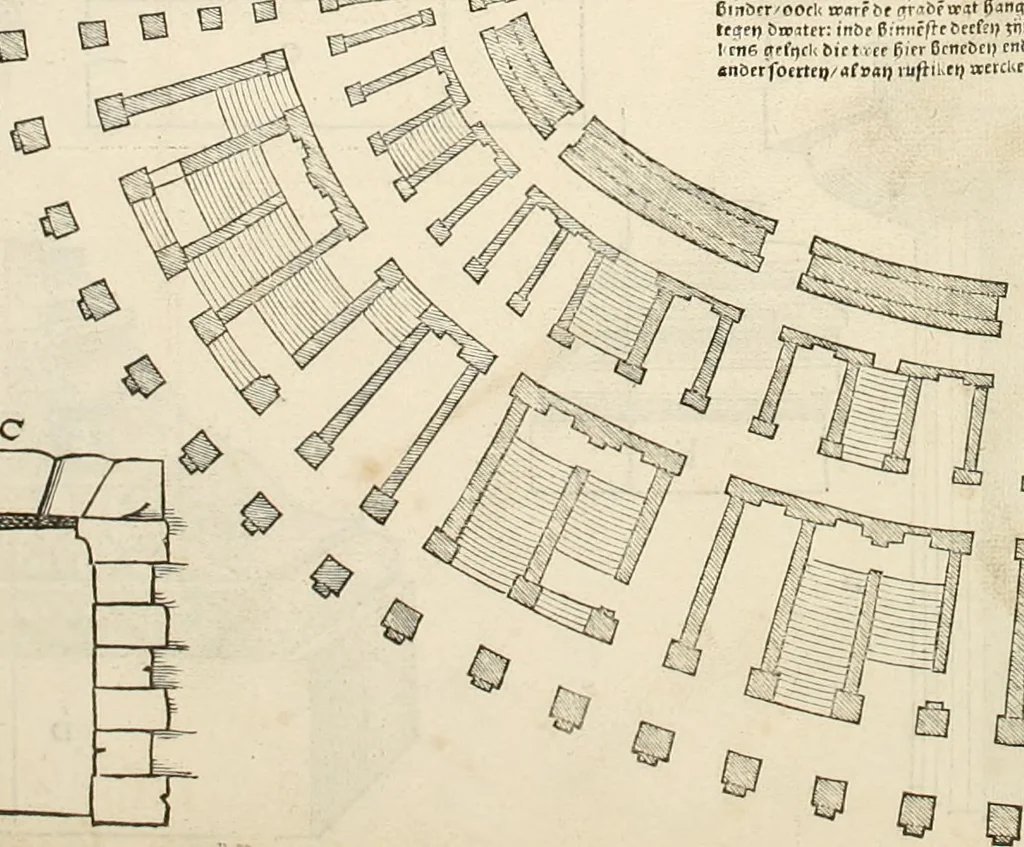 An illustration from Die alder vermaertste antique edificien : vã temple, theatre, amphitheatre, paleisen, therme, obeliske, brugge, archetriuphal, etc. vescreueeñ gefigureert met haren grondede eñ mate oock de plaetsen daerse staen, eñ wiese dede make, 1546, leaf 72