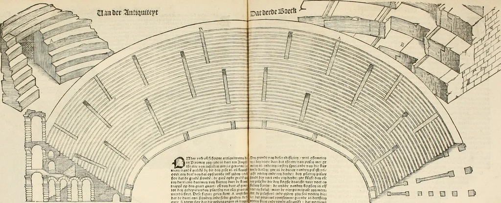 An illustration from Die alder vermaertste antique edificien : vã temple, theatre, amphitheatre, paleisen, therme, obeliske, brugge, archetriuphal, etc. vescreueeñ gefigureert met haren grondede eñ mate oock de plaetsen daerse staen, eñ wiese dede make, 1546, leaf 72