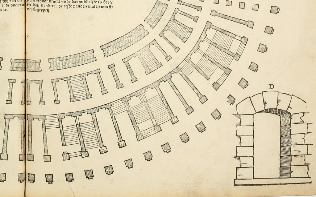 An illustration from Die alder vermaertste antique edificien : vã temple, theatre, amphitheatre, paleisen, therme, obeliske, brugge, archetriuphal, etc. vescreueeñ gefigureert met haren grondede eñ mate oock de plaetsen daerse staen, eñ wiese dede make, 1546, leaf 72