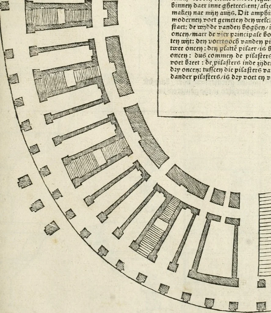 An illustration from Die alder vermaertste antique edificien : vã temple, theatre, amphitheatre, paleisen, therme, obeliske, brugge, archetriuphal, etc. vescreueeñ gefigureert met haren grondede eñ mate oock de plaetsen daerse staen, eñ wiese dede make, 1546, leaf 76