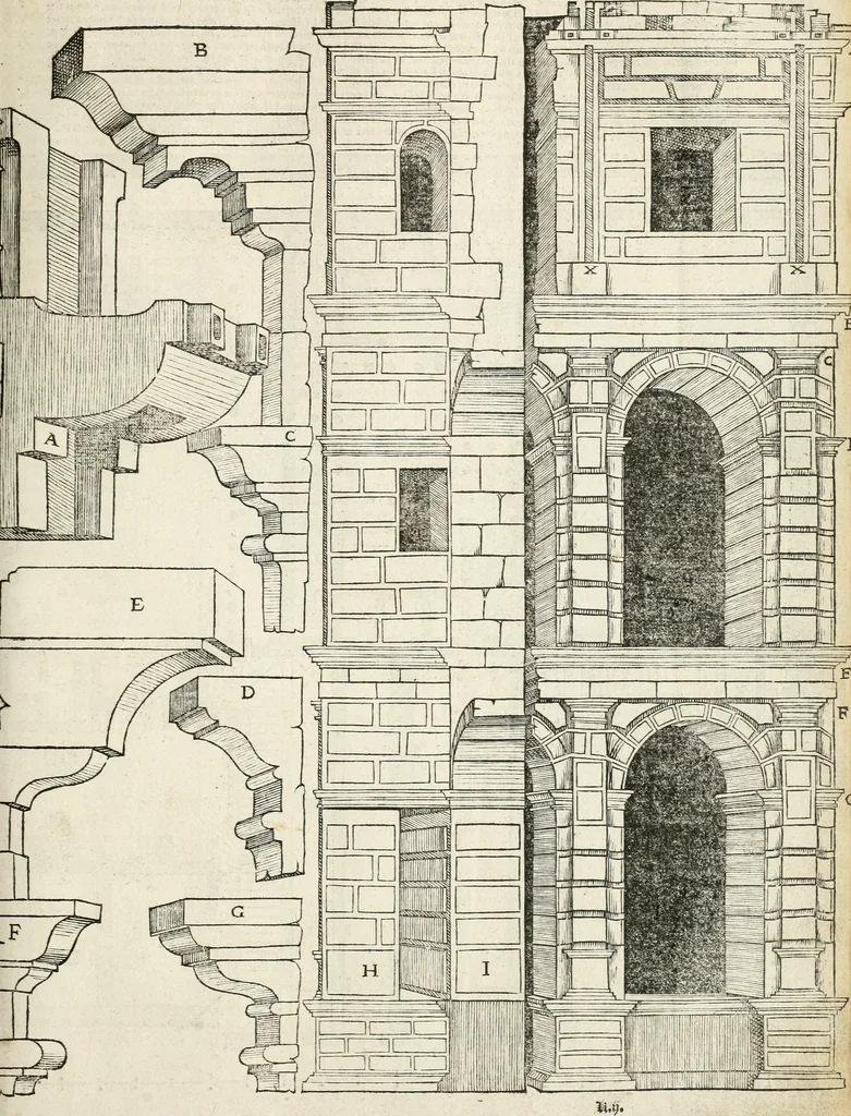 An illustration from Die alder vermaertste antique edificien : vã temple, theatre, amphitheatre, paleisen, therme, obeliske, brugge, archetriuphal, etc. vescreueeñ gefigureert met haren grondede eñ mate oock de plaetsen daerse staen, eñ wiese dede make, 1546, leaf 78